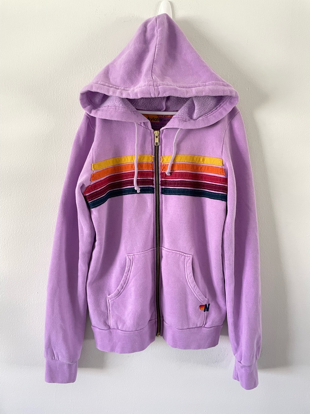 Aviator Nation 5 Stripe Kids Full Zip Hoodie Purple Striped Size 12 Sweatshirt